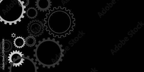 Gear texture industry icon on black background. Gear wheel rotation, mechanical engineering, technology and innovation, black and gray cogwheel system, copy space for text vector background design. 