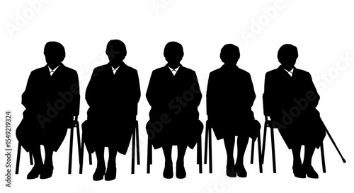 Silhouettes of elderly women sitting in chairs at a concert against a white background