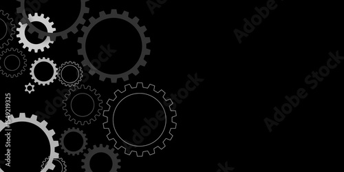 Gear texture industry icon on black background. Gear wheel rotation, mechanical engineering, technology and innovation, black and gray cogwheel system, copy space for text vector background design. 
