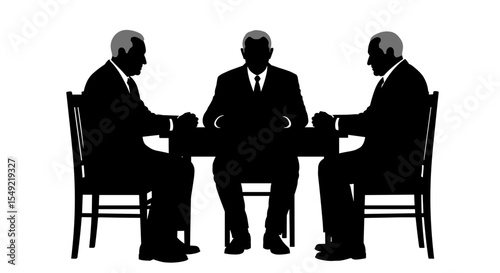 Silhouettes of three elderly men in suits sitting at a table in discussion against a white background
