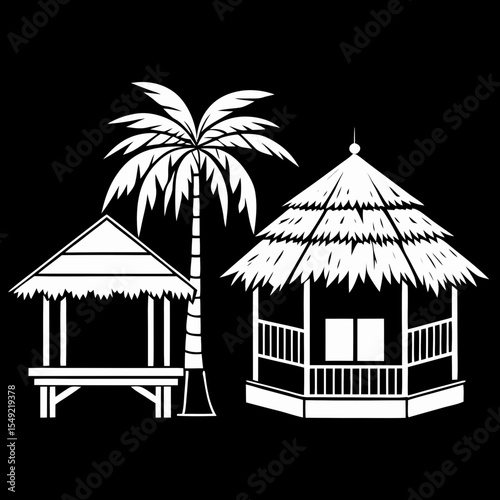 Beach chairs under umbrella palm trees isolated on white background