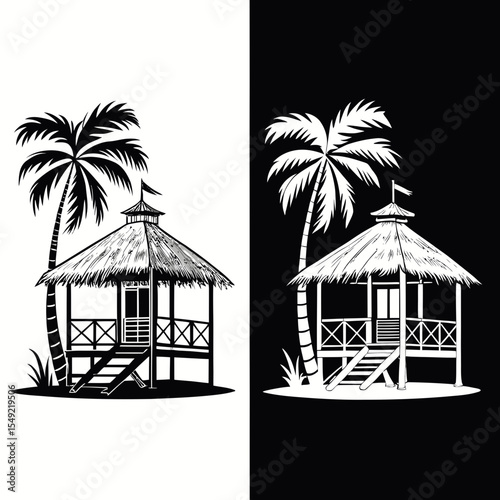 Beach chairs under umbrella palm trees isolated on white background