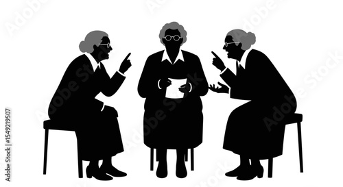 Silhouettes of three elderly women debating with each other while sitting with papers against a white background
