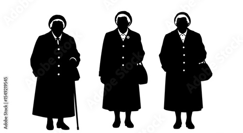 Silhouettes of three elderly women in coats walking with a cane and handbag against a white background