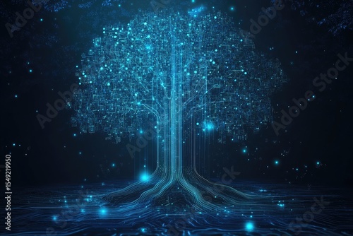 Fototapeta Naklejka Na Ścianę i Meble -  Digital tree glowing in dark space