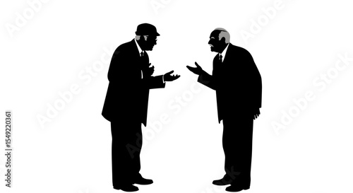 Silhouettes of two elderly men arguing passionately against a white background
