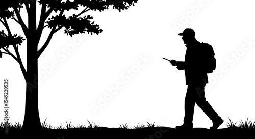 Elderly man walking in the forest checking a map on a transparent background