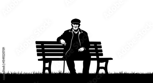Elderly man sitting alone on a bench in the park on a white background
