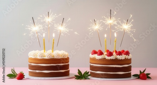 Two birthday cakes with sparklers and strawberries on a pink surface.