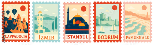 SET OF TURKISH STAMPS ILLUSTRATION (ISTANBUL, BODRUM, IZMIR, CAPPADOCE, PAMUKKALE)	

