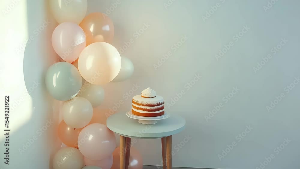 Soft pastel balloons arranged in corner, one cake in center of small round table, clean white wall and daylight glow