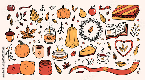 Cozy autumn drawings and outline graphic design elements, seasonal objects, vegetables, candles, warm clothes and other. Vector illustration set.