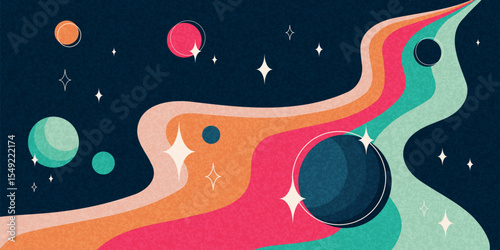 Retro space banner, abstract flat striped path with planets, stars and grainy texture. Abstract cosmos futuristic wallpaper with bright colors. Vector illustration.