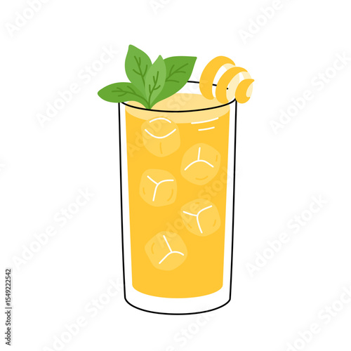 Lemonade decorated lemon peel spiral and mint leaves. Summer beverage with ice cubes. Refreshing drink or сocktail in glass. Flat vector illustration isolated on white background