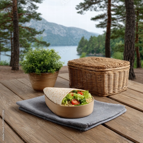 Healthy picnic baskets salad outdoor concept. A picnic setup with a salad bowl and decorative plants, overlooking a serene lake and forested mountains.