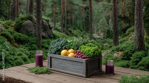Healthy picnic baskets salad outdoor concept. A wooden crate filled with fruits and drinks in a serene forest setting.