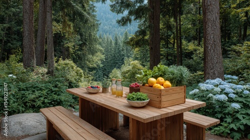 Healthy picnic baskets salad outdoor concept. Outdoor picnic table with fruits, surrounded by lush greenery and trees, offering a serene and tranquil atmosphere.