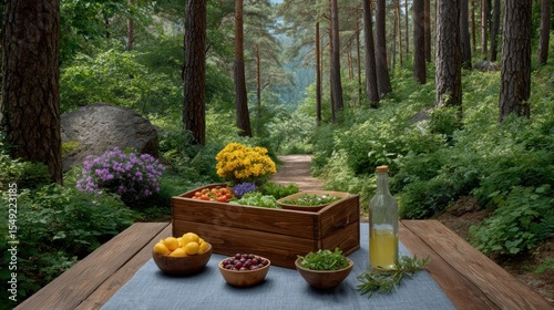 Healthy picnic baskets salad outdoor concept. A wooden table in a forest features bowls of olives, lemons, and a bottle of oil beside blooming flowers.