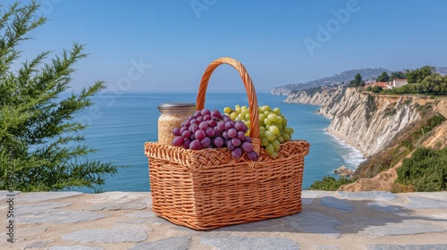 Healthy picnic baskets salad outdoor concept. A basket of grapes sits by the sea, offering a serene view of cliffs and blue waters.