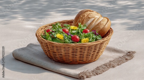 Healthy picnic baskets salad outdoor concept. A woven basket filled with fresh vegetables and flowers on a textured fabric surface.