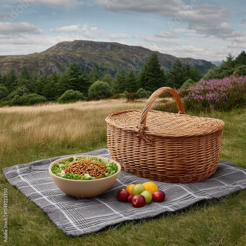 Healthy picnic baskets salad outdoor concept. A picnic setup with a basket and bowl of fruits in a scenic landscape.