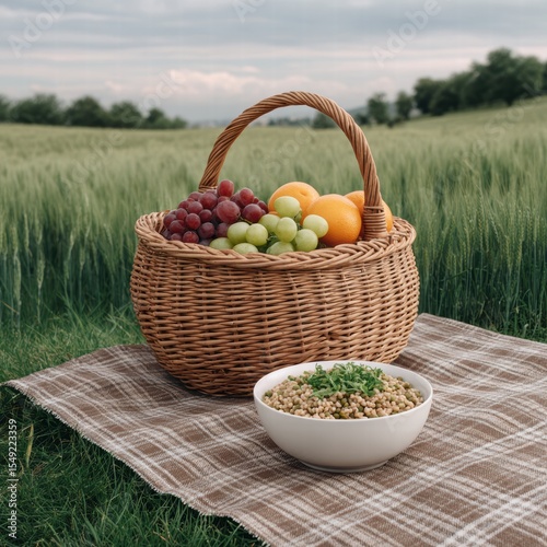 Healthy picnic baskets salad outdoor concept. A woven basket filled with assorted fruits sits on a blanket in a grassy field.