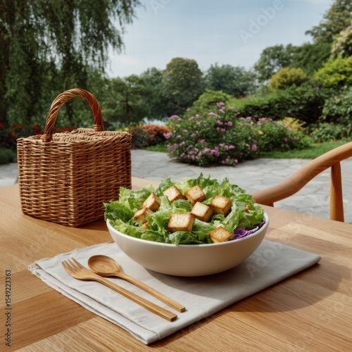 Healthy picnic baskets salad outdoor concept. Fresh salad bowl on a wooden table, surrounded by a lush garden and picnic basket.