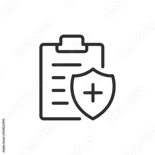 Clipboard with shield, linear icon. Travel insurance, health protection, or secure trip. Line with editable stroke.