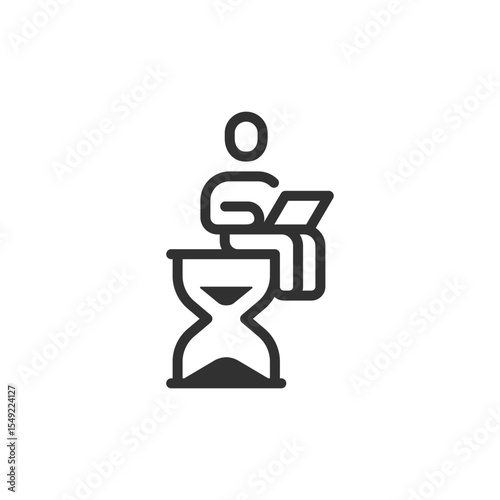 Man with laptop sitting on hourglass, linear icon. Time management and remote work. Line with editable stroke.