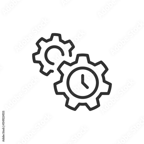 Gears with clock, linear icon. Time optimization and workflow efficiency. Line with editable stroke.
