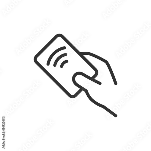 Contactless card in hand, linear icon. Tap-to-pay and wireless payment. Line with editable stroke.