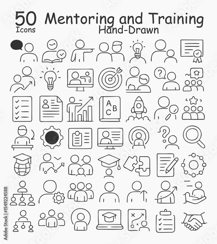 50 Hand-Drawn Mentoring and Training Icons: Business, Education, and Coaching Symbols for Growth and Development