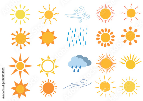 Vector weather icons collection – playful and artistic sun variations with additional rain and wind symbols