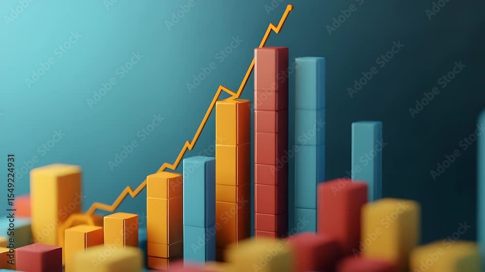Colorful bar graph with an upward trend line representing growth in a ...