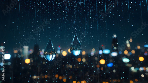 A solitary raindrop captures the soul of a cyberpunk metropolis — within its tiny sphere, a universe of glowing towers, drifting holograms, and endless motion blurs into a dream. A moment suspended in