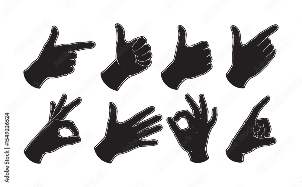 Obraz premium Hand Gesture Silhouettes with White Outline Vector Set