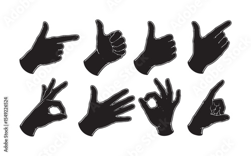 Searchable title: Hand Gesture Silhouettes with White Outline Vector Set
