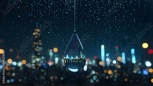 A solitary raindrop captures the soul of a cyberpunk metropolis — within its tiny sphere, a universe of glowing towers, drifting holograms, and endless motion blurs into a dream. A moment suspended in
