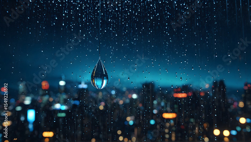 A solitary raindrop captures the soul of a cyberpunk metropolis — within its tiny sphere, a universe of glowing towers, drifting holograms, and endless motion blurs into a dream. A moment suspended in