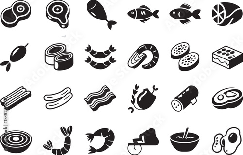 A seamless vintage vector pattern of hand-drawn food and coffee icons, featuring bakery, meat, fish, pasta, cheese, and tea illustrations