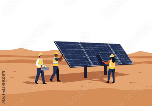 Construction team installs a solar panel in a desert landscape. A collaborative effort, showcasing a modern renewable energy project. Bright, clean, and professional.
