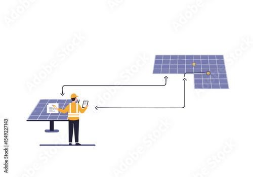 A construction worker uses a tablet to oversee a solar panel array, highlighting connectivity and remote monitoring. Modern, clean illustration.