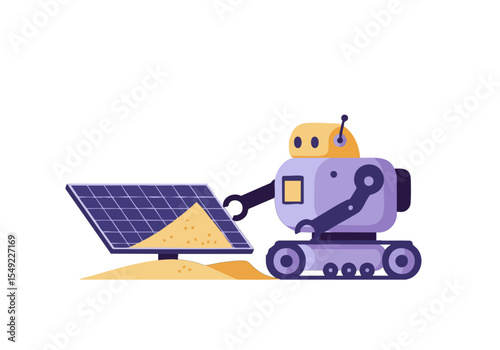 A cute robot cleans solar panels with a shovel. Modern, flat design illustration. Clean, bright, and appealing for commercial use.