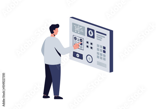 A man interacts with a configuration panel display. Modern, digital interface. Clean, professional design. Suitable for tech, business, and digital concepts.