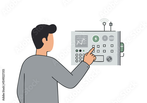 A man interacts with a configuration panel displaying a digital interface. Modern, clean design with wireless connection icon. Suitable for tech, automation, and control panel themes.