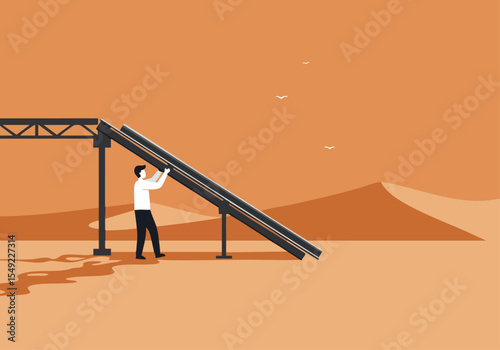 A man installs a solar panel frame outdoors. A desert landscape forms the backdrop. Modern, minimalist, and visually appealing for business or sustainability concepts.