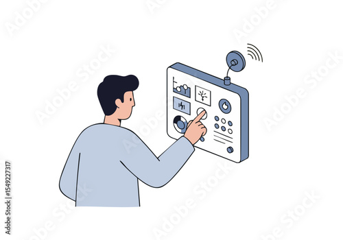 man interacts with a configuration panel highlighting remote control and connectivity Modern clean design with a focus on digital technology and user interface