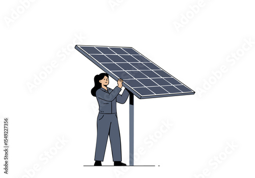 A female professional installs a solar panel, showcasing sustainable energy. Clear composition, bright sunlight, and a modern aesthetic. Ideal for environmental or technology visuals.