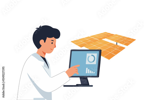 A young professional monitors solar panel data on a tablet, showcasing renewable energy management. Modern, clean design with bright colors and a focus on sustainability.