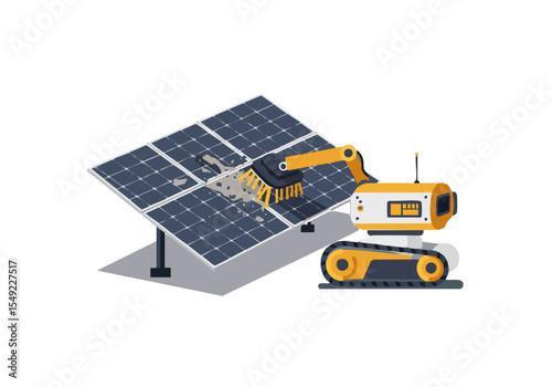 A robotic cleaning unit meticulously removes debris from a solar panel array. Clean, modern illustration showcasing renewable energy maintenance. Bright, professional aesthetic.